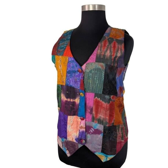 VTG L 80s 90s Silk Patchwork Vest Boho Hippy Festival Blossom Art Renfair Pirate - Picture 2 of 9
